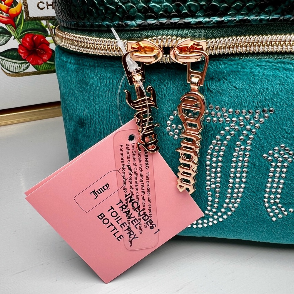 Juicy Couture Teal Velvet Snake Print Cosmetic Bag Gold Trim Rhinestones - Picture 6 of 10